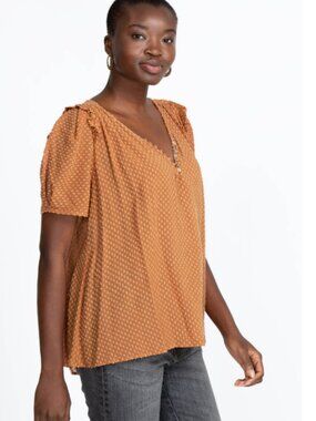Johnny Was Orange/Tan Ruffled Swiss Dot Blouse Size M Feminine Prairie Neutral